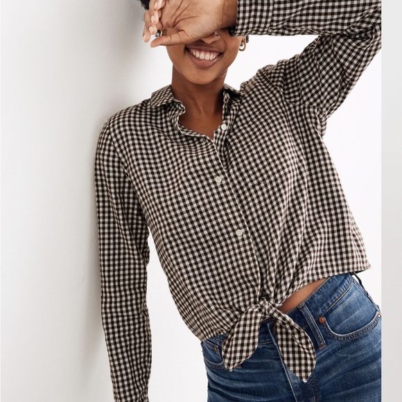 Madewell Flannel Tie Front Shirt Brown Gingham Check Button Down Shirt Small - Picture 2 of 10